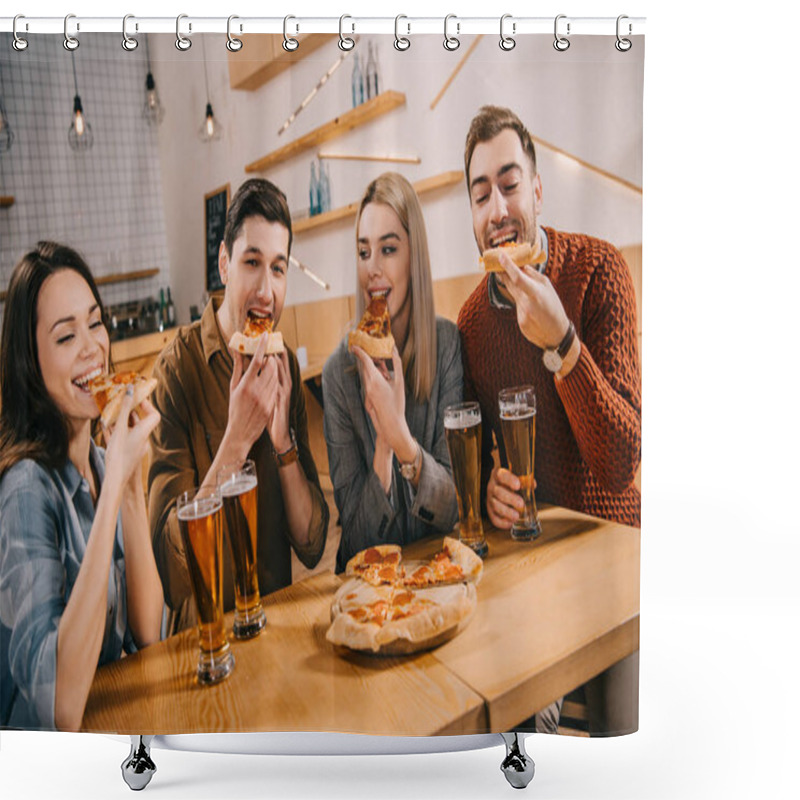 Personality  Happy Friends Eating Pizza Near Glasses Of Beer In Bar Shower Curtains