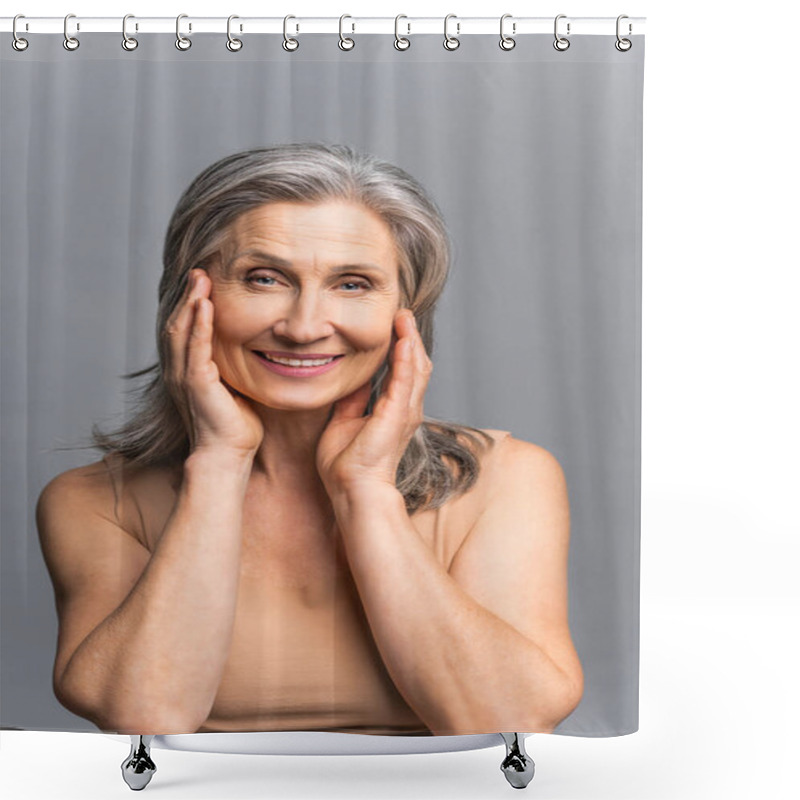 Personality  Happy Carefree Mature Lady Stands In Studio, Isolated On Grey Shower Curtains