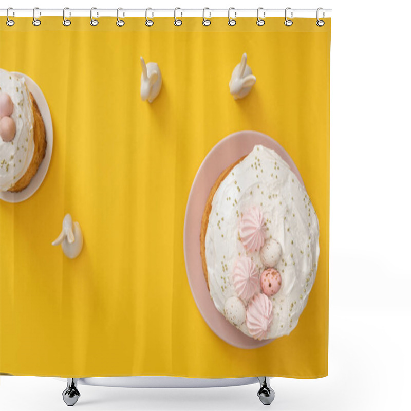 Personality  Top View Of Easter Cakes With Decorative Bunnies On Yellow Background Shower Curtains