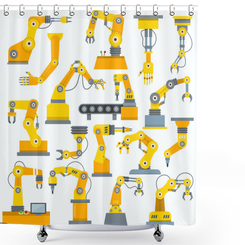 Personality  Robot Arm Vector Robotic Machine Hand Indusrial Equipment In Manufacture Illustration Set Of Engineer Character Of Robotechnic In Industry Isolated On White Background Shower Curtains