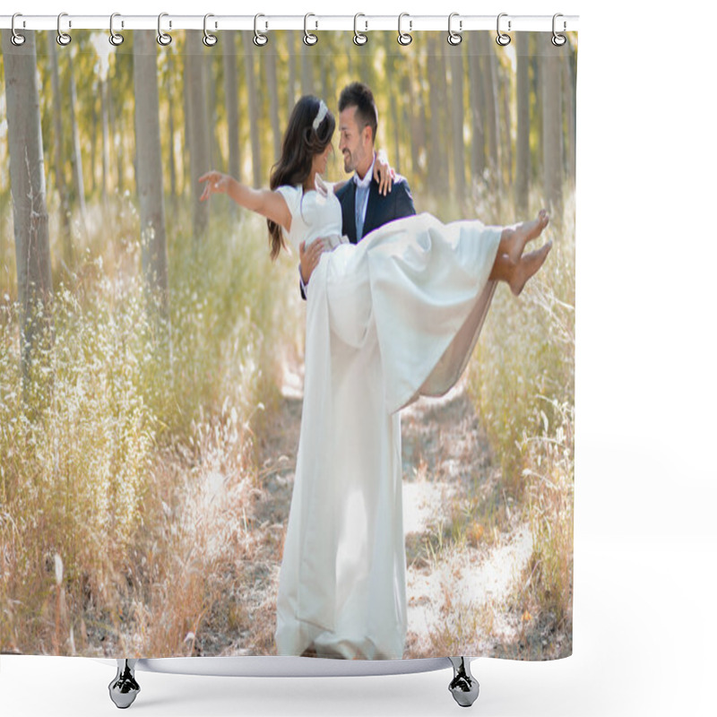 Personality  Just Married Couple In Poplar Background Shower Curtains