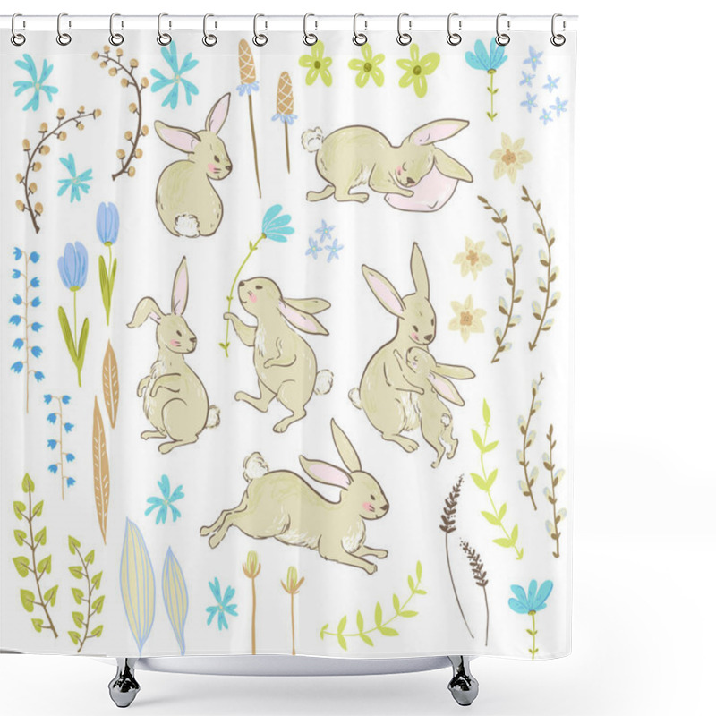 Personality  Easter Seamless Pattern With Cartoon Cute Bunnies And Flowers With Branches In Pastel Colors, Vector, Illustration Shower Curtains