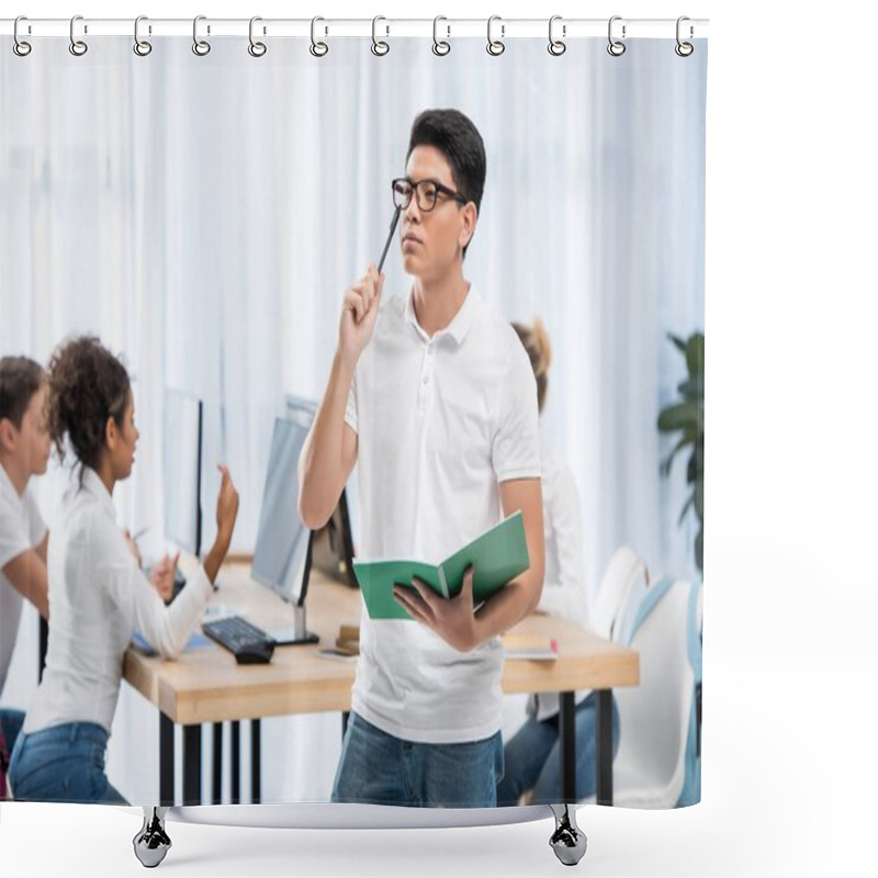 Personality  Young Pensive Asian Student Boy In Classroom With Friends Shower Curtains