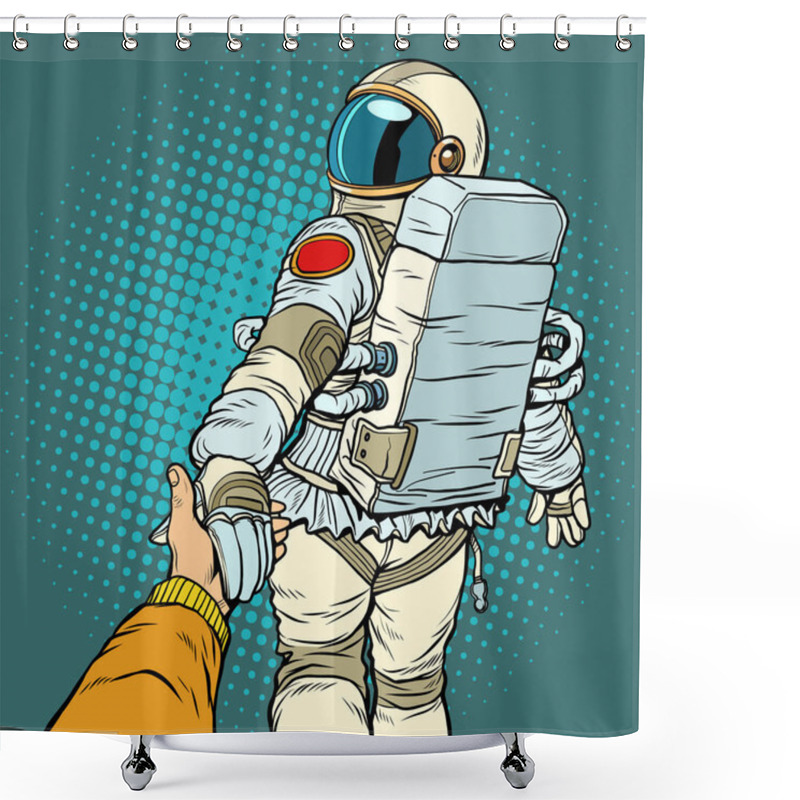 Personality  Astronaut Space Travel Follow Me Concept, Couple Love Hand Leads Shower Curtains