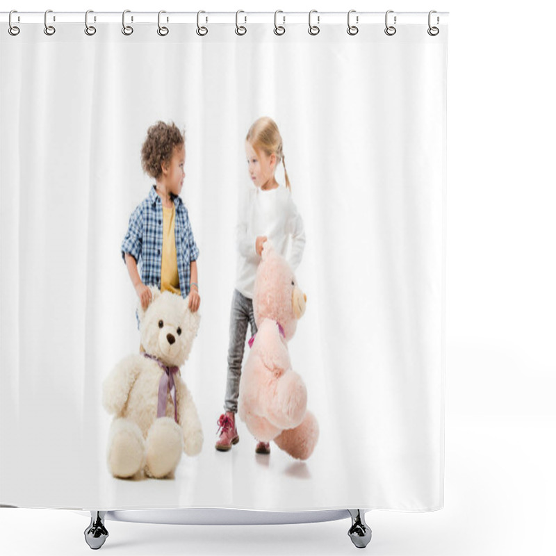 Personality  Cute Multicultural Kids Holding Teddy Bears, On White  Shower Curtains