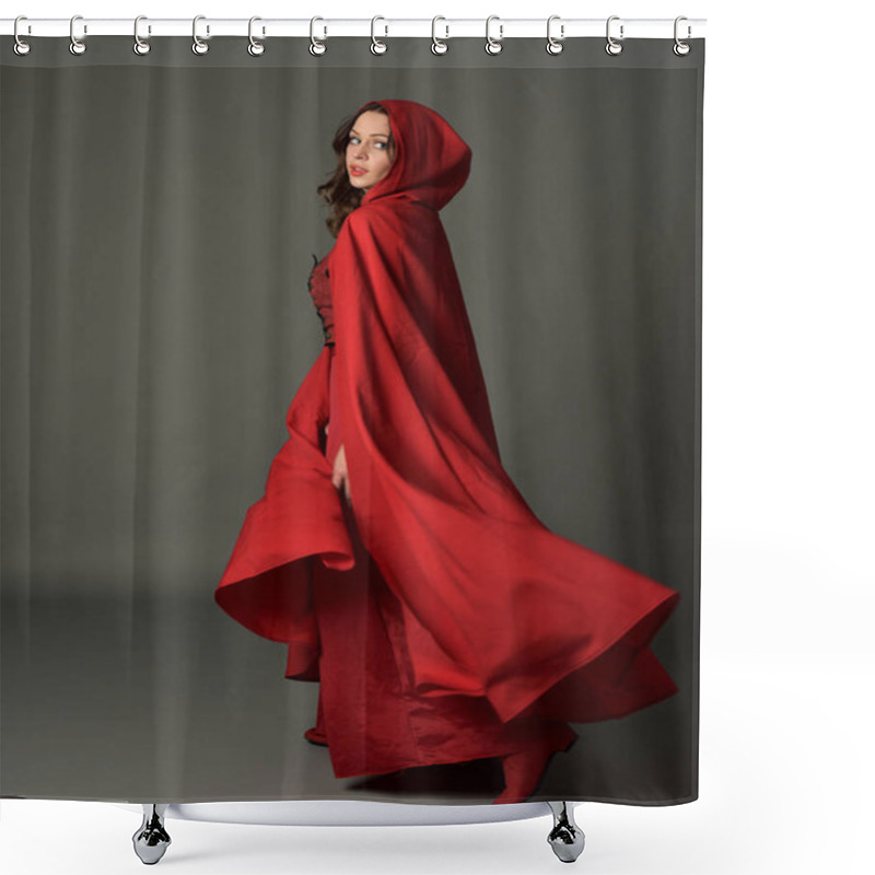 Personality  Full Length Portrait Of Woman Wearing Red Medieval Fantasy Costume, Flowing Hooded Cloak. Standing Pose In Backview, Gestural Hand Poses, Walking Away From Camera Isolated On Grey Studio Background. Shower Curtains