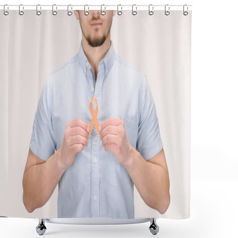 Personality  Partial View Of Man With Orange Leukemia, Kidney Cancer, Multiple Sclerosis RSD Awareness Ribbon Isolated On White Shower Curtains