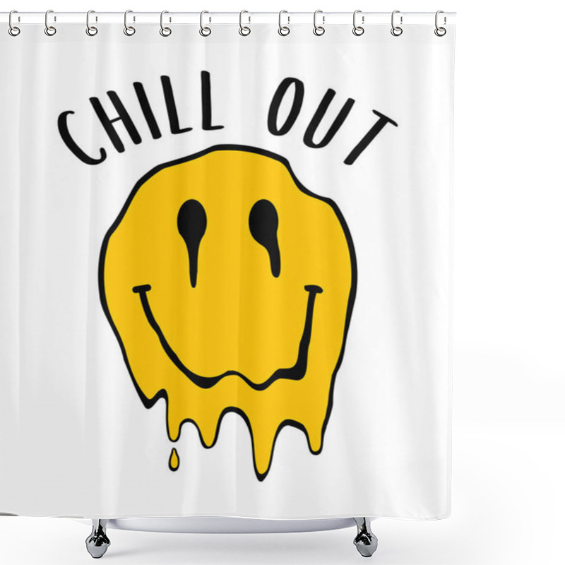 Personality  Emoji Smile That Melts And Dripping With Slogan For T-shirt Design. Typography Graphics With Distorted Emoji Smile For Tee Shirt. Apparel Print Design. Vector. Shower Curtains