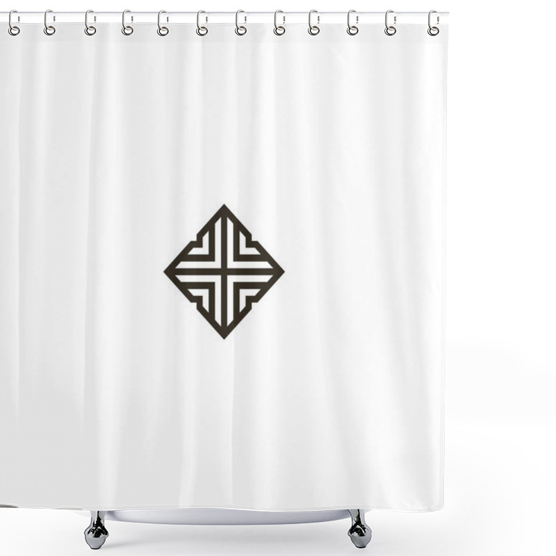 Personality  Black And White Simple Vector Rhombus Line Art Iconic Sign Of Geometric Cross-shaped Pattern Shower Curtains