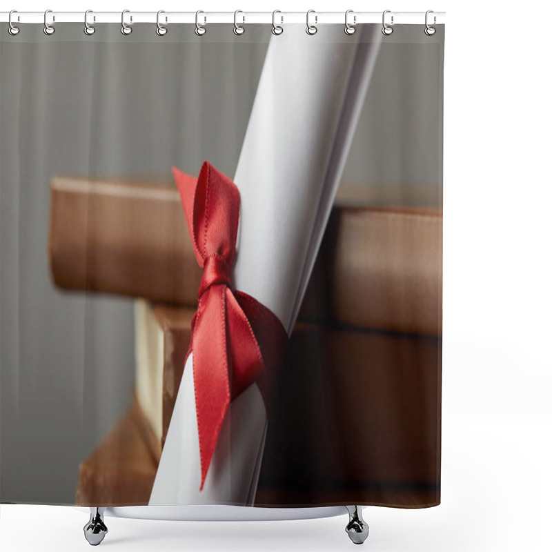 Personality  Brown Books And Diploma With Red Ribbon On Grey Shower Curtains