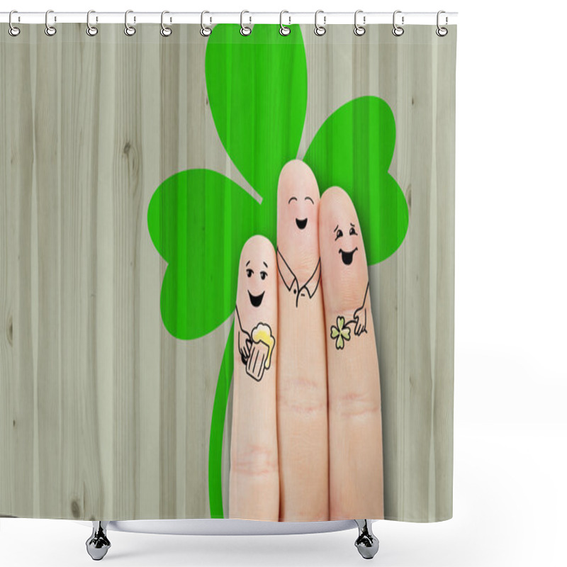 Personality  Conceptual Finger Art. Friends Are Embracing And Drinking Beer. Stock Image Shower Curtains