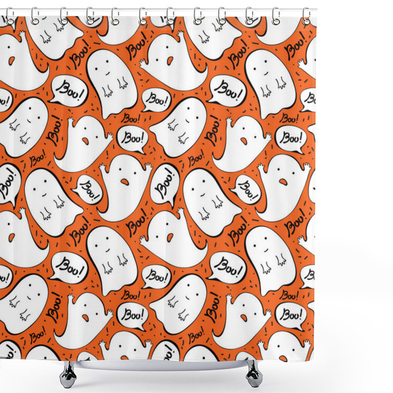 Personality  Cartoon Cute Doodle Hand Drawn Halloween Seamless Pattern. Funny Ghosts Say Boo. Vector Background Design For Fun Halloween Decoration. Naive, Childish Style Of Drawing. For Packaging, Shower Curtains