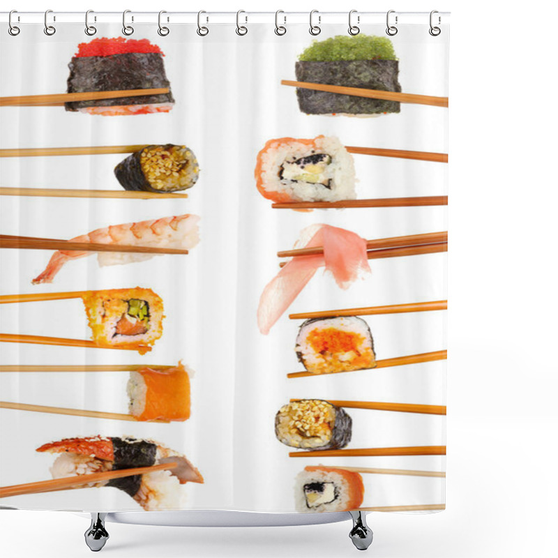 Personality  Collage Of Chopsticks With Different Food Isolated On White Shower Curtains