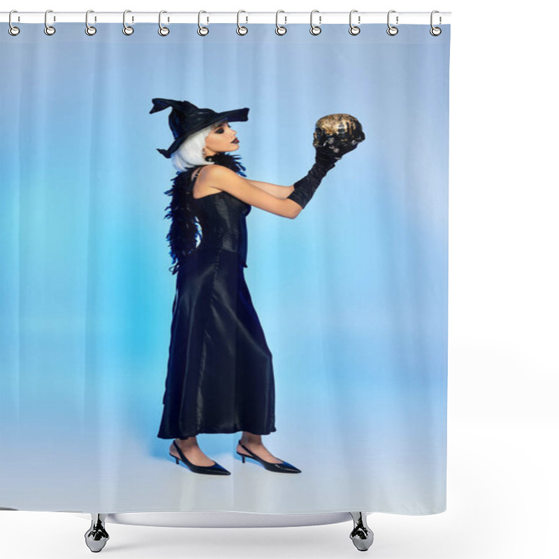 Personality  Dressed In A Stunning Witch Costume, A Young Woman Poses Gracefully While Holding A Skull. Shower Curtains