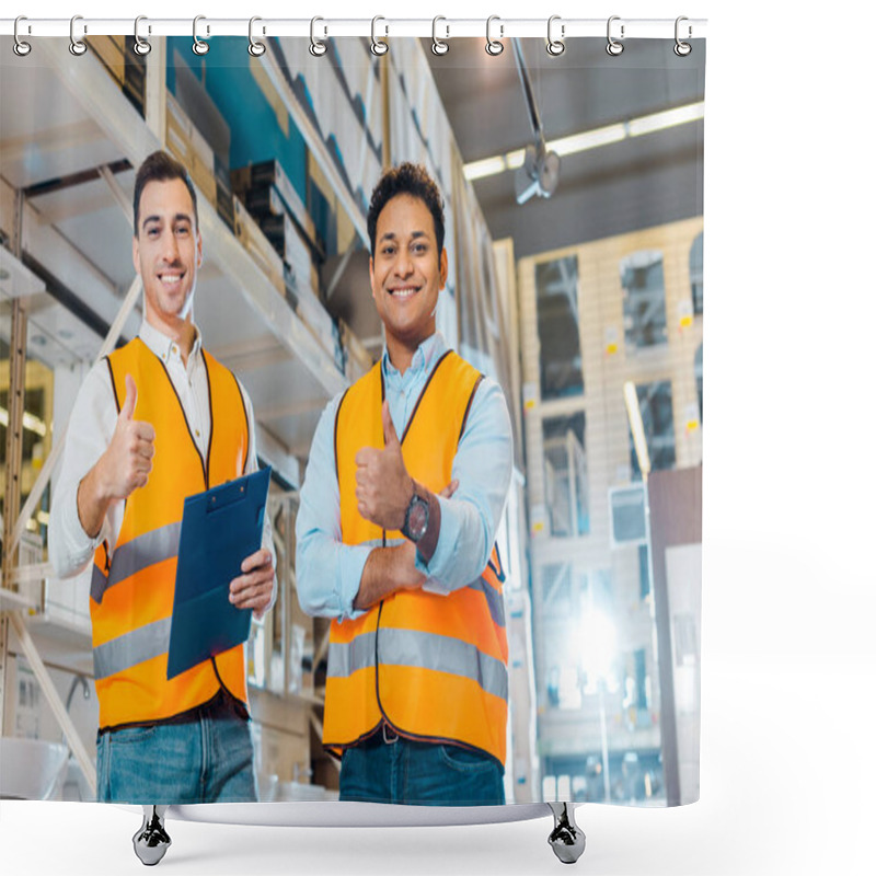 Personality  Cheerful Multicultural Warehouse Workers Showing Thumbs Up And Looking At Camera Shower Curtains