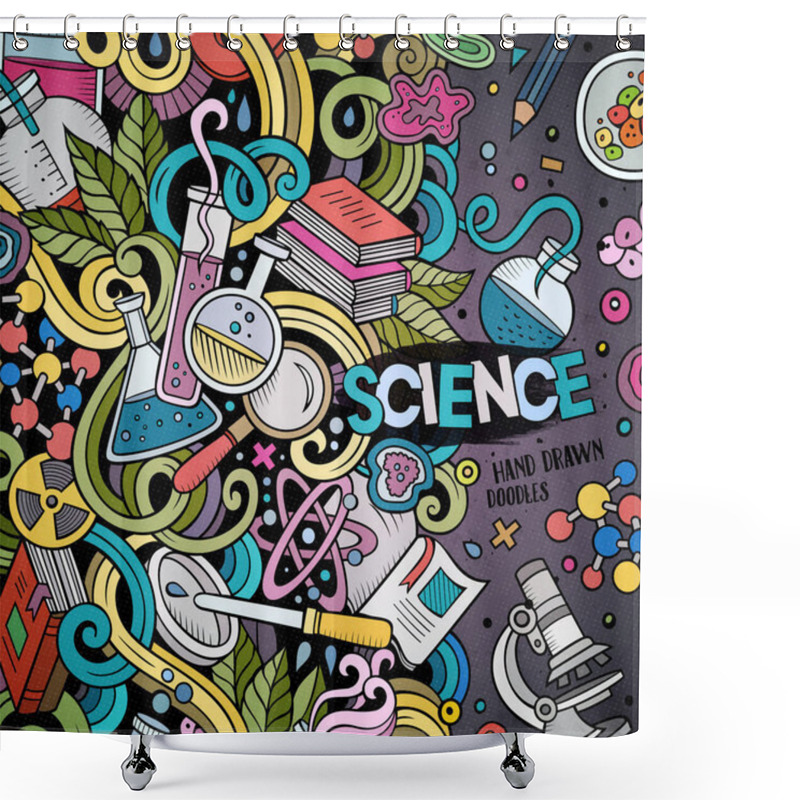 Personality  Cartoon Cute Doodles Hand Drawn Science Frame Design. Line Art Detailed, With Lots Of Objects Background. Funny Vector Illustration. Sketchy Border With Scientific Theme Items Shower Curtains