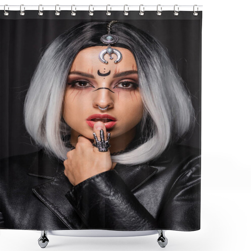 Personality  Portrait Of Young Woman In Witch Makeup And Accessories Isolated On Black Shower Curtains