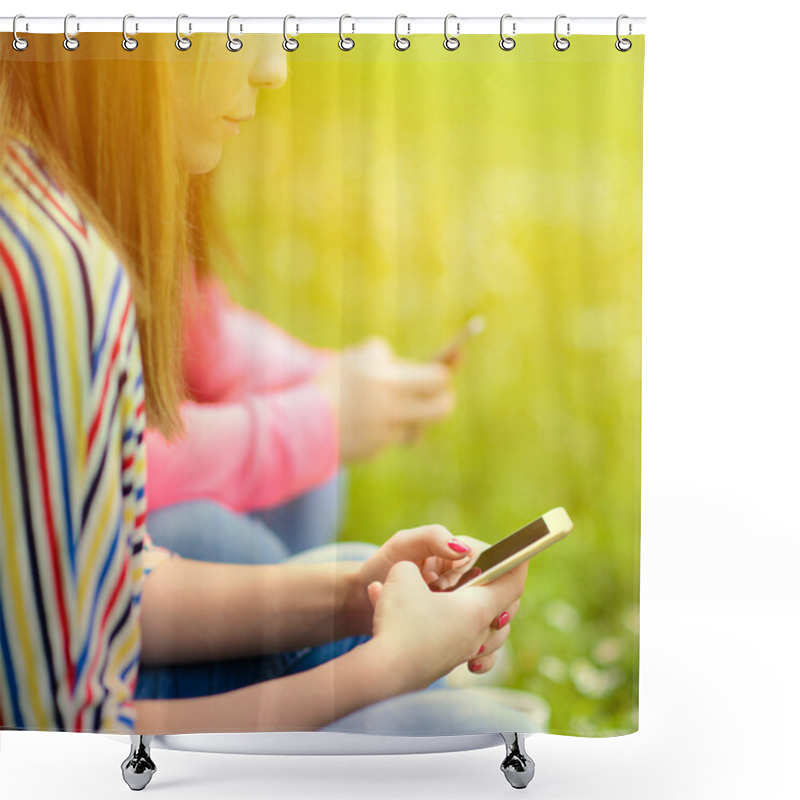 Personality  Closeup Of Teenage Girls Hands Using Cell Phones Outdoors Shower Curtains