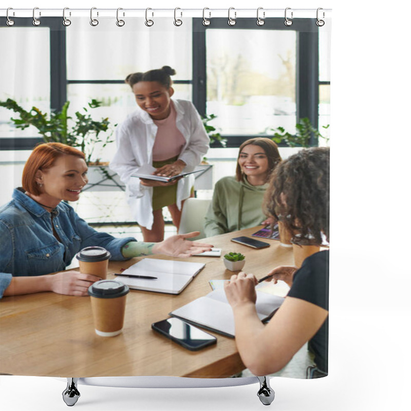 Personality  Smiling Tattooed Woman Pointing With Hand While Talking To Multicultural Team Of Interest Club Near Table With Smartphones And Takeaway Drinks, Mutual Support And Understanding Concept Shower Curtains