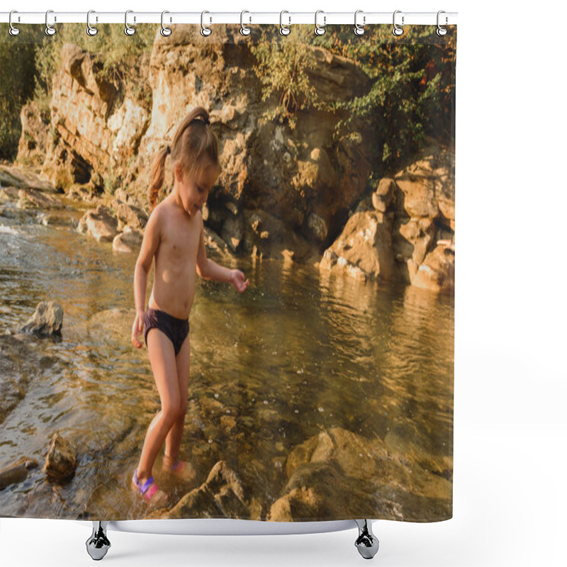 Personality  Little Cute Beautiful Girl Swims In A Mountain River. Shower Curtains