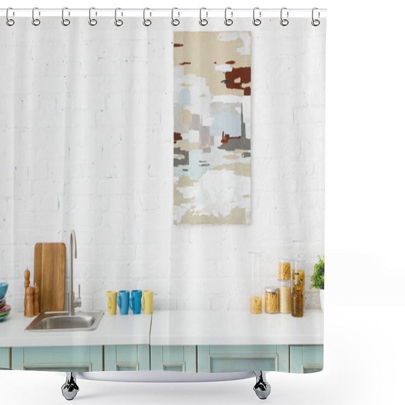 Personality  Modern White And Turquoise Kitchen Interior With Kitchenware And Abstract Painting On Brick Wall Shower Curtains