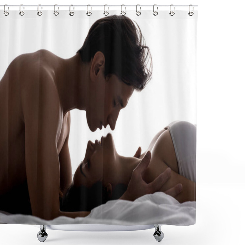 Personality  Silhouette Of Beautiful Tender Couple Hugging On White Bed Shower Curtains