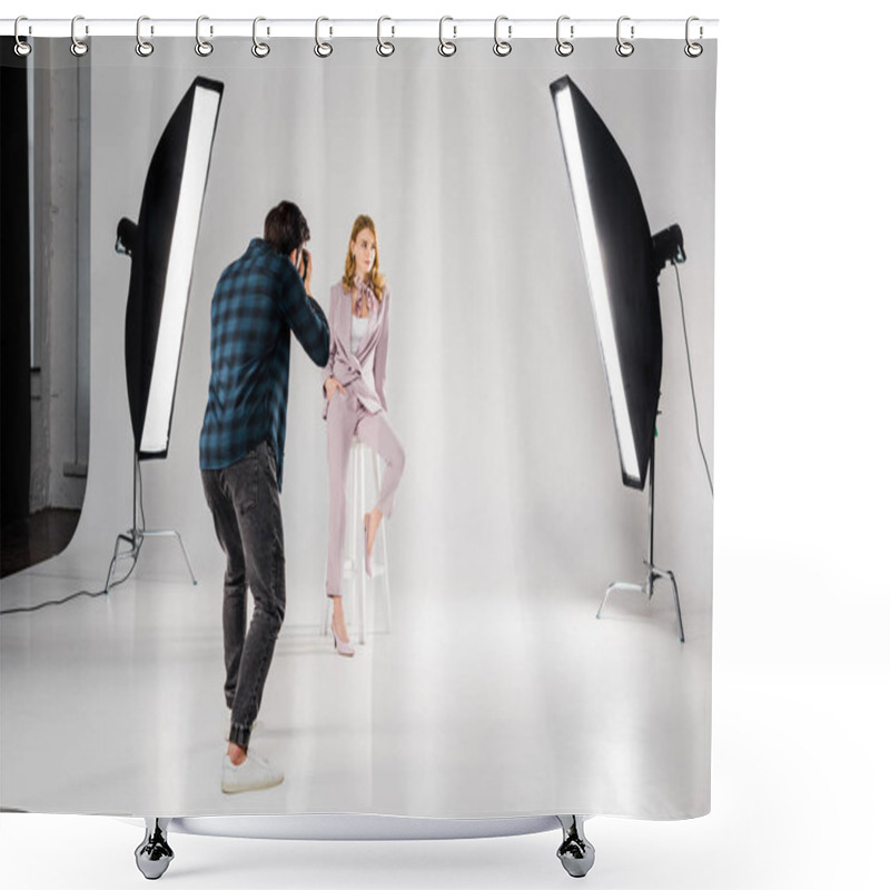 Personality  Back View Of Photographer Shooting Beautiful Young Female Model In Photo Studio  Shower Curtains