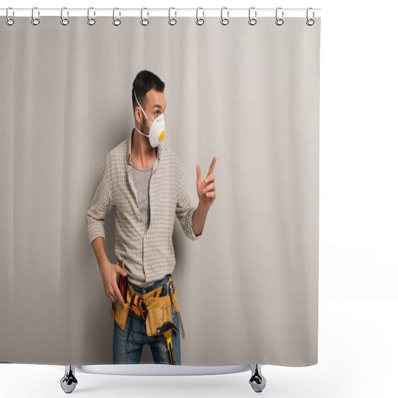 Personality  Shocked Manual Worker In Safety Mask With Tool Belt Pointing On Grey  Shower Curtains