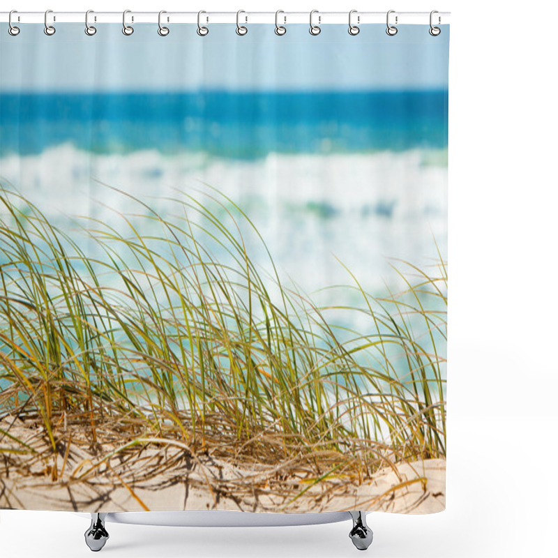 Personality  Green Grass On Sandy Dune Overlooking Beach Shower Curtains