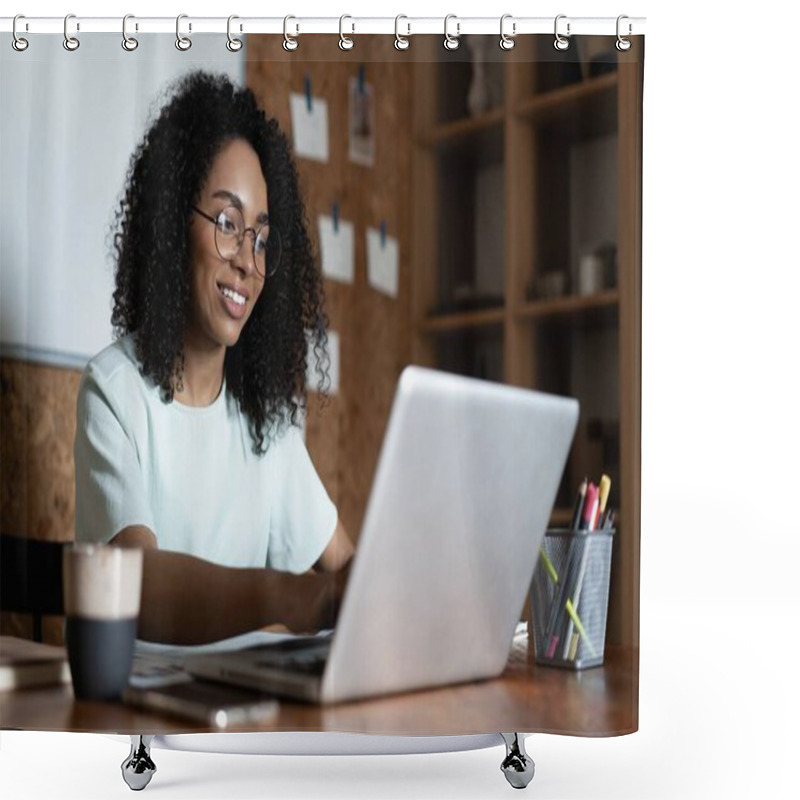 Personality  Young Beautiful African American Woman Using Her Laptop While Sitting In Chair At Her Working Place Shower Curtains