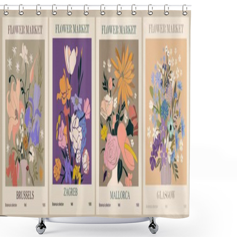 Personality  Set Of Abstract Flower Market Posters. Trendy Botanical Wall Arts With Floral Design In Danish Pastel Colors. Modern Naive Groovy Funky Interior Decorations, Paintings. Vector Art Illustration. Shower Curtains