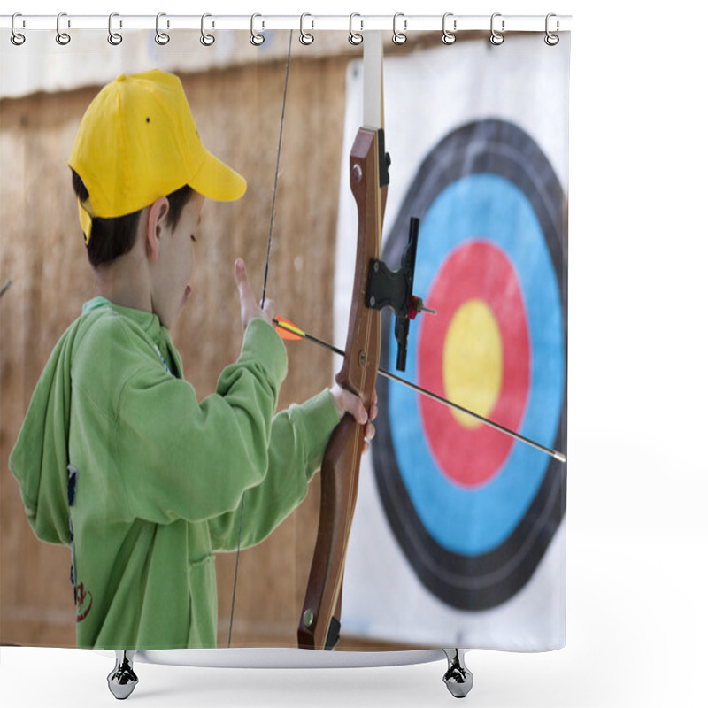 Personality  Young Boy Poised With Bow And Arrow Shower Curtains