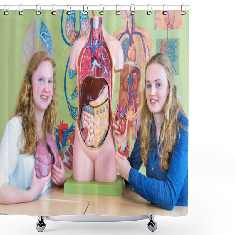 Personality  Two Dutch Students Showing Torso Heart And Lungs Shower Curtains