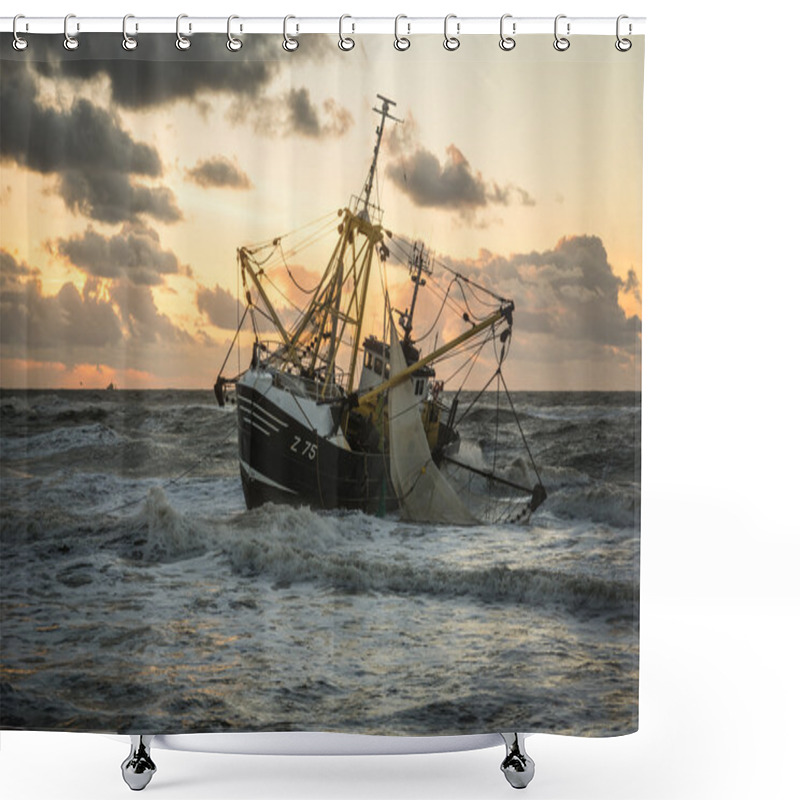 Personality  Beached Fishing Boat At A Dutch Beach Shower Curtains