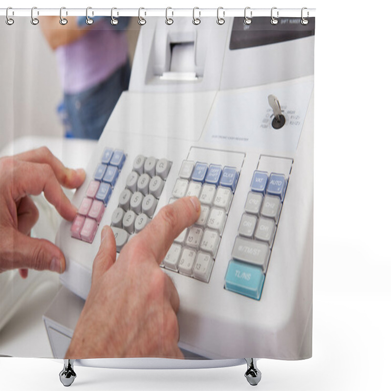 Personality  Sales Person Entering Amount On Cash Register Shower Curtains