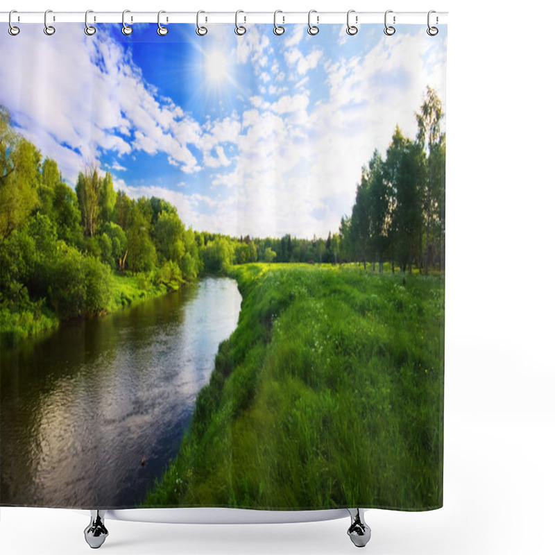 Personality  Green Field Near The River Shower Curtains