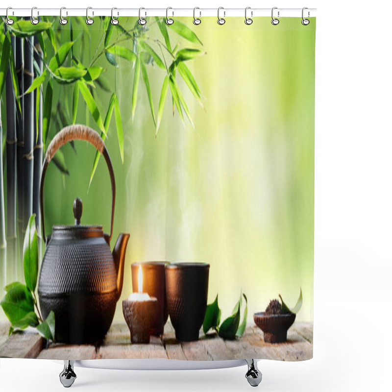 Personality  Black Iron Asian Teapot And Cups With Green Tea Leaves Shower Curtains