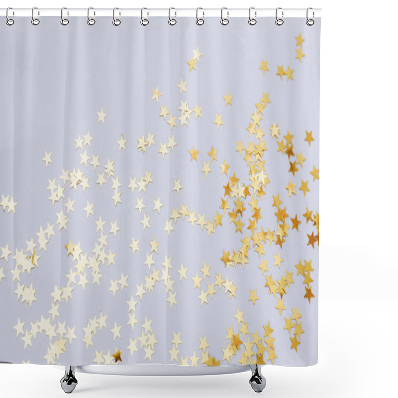 Personality  Holiday Background With Little Golden Stars On Gray Background. Template For Greeting Card, Text Design Shower Curtains