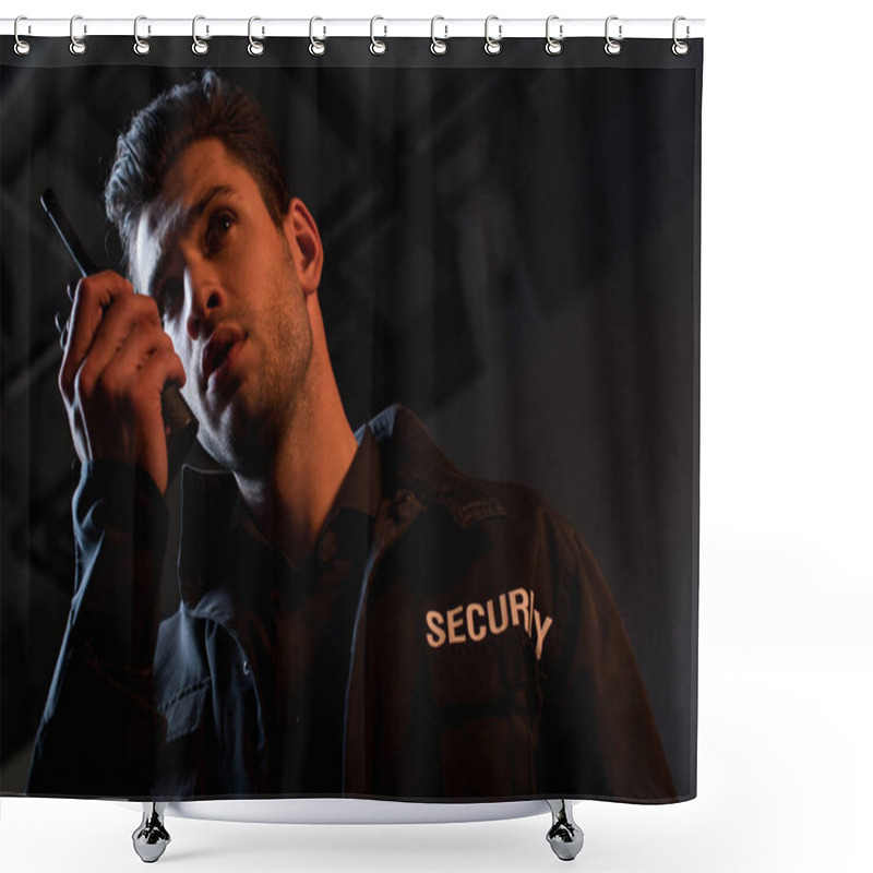 Personality  Handsome Guard In Uniform Using Walkie-talkie And Looking Away Shower Curtains