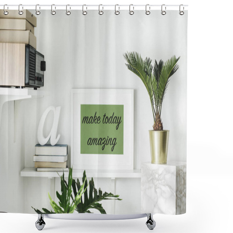 Personality  Bright White Interior Corner With Shelves And Inspirational Phrase In Frame On Wall Shower Curtains