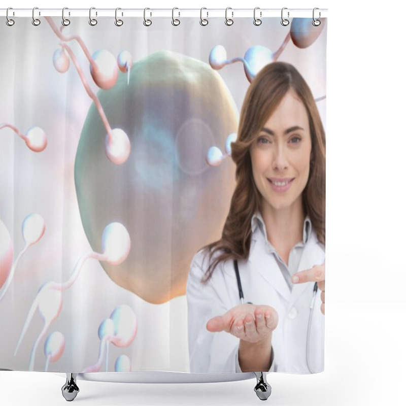 Personality  Smiling Doctor Pointing At Something In Her Hand Shower Curtains