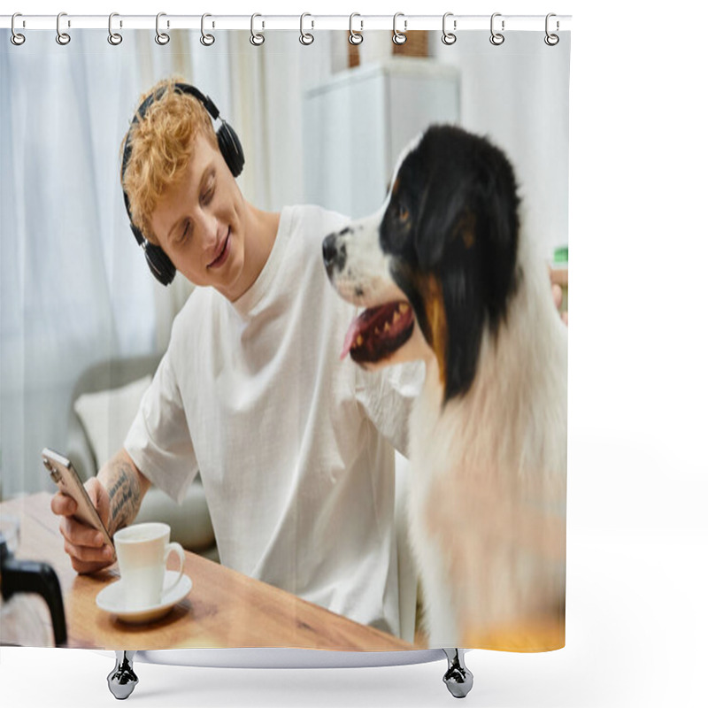 Personality  In A Modern Apartment, A Man Enjoys Precious Moments With His Australian Shepherd. Shower Curtains