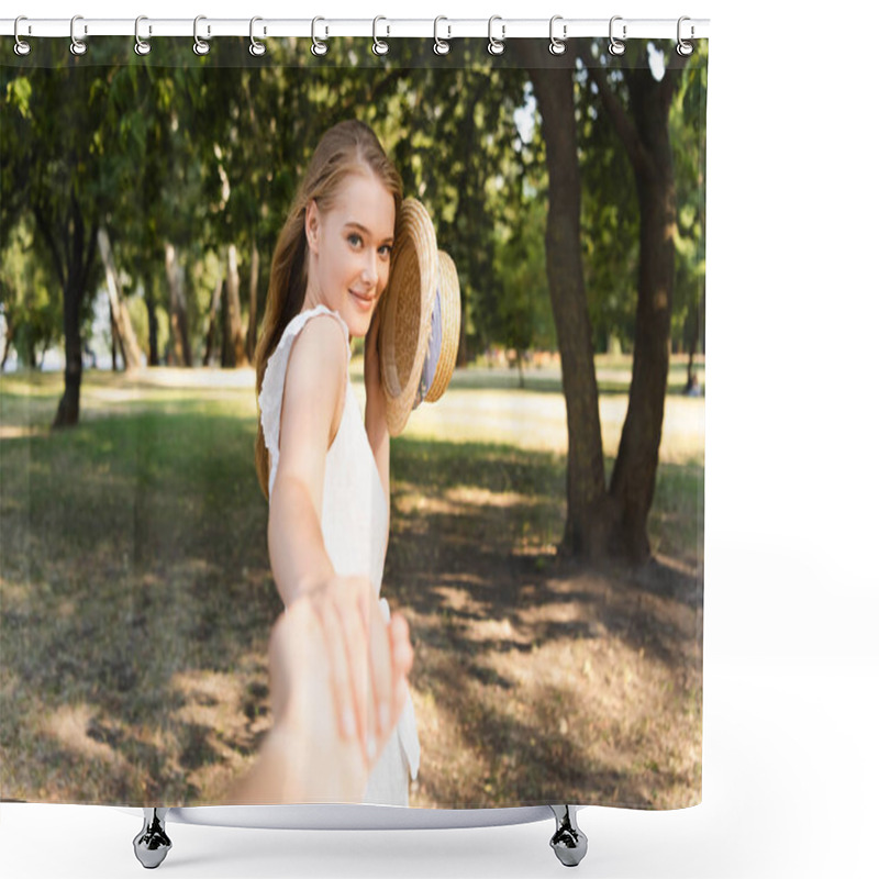 Personality  Cropped View Of Man Holding Beautiful Girl While Young Woman Holding Straw Hat And Looking At Camera Shower Curtains