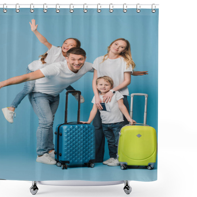 Personality  Excited Family Of Travelers With Suitcases, Passports And Tickets On Blue Shower Curtains