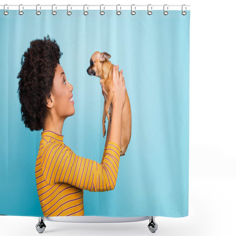 Personality  Profile Photo Of Funny Dark Skin Curly Lady Hold Little Pet Dog Hands Amazing Birthday Present Gift Lifting Puppy Up Wear Yellow Striped Jumper Isolated Blue Color Background Shower Curtains