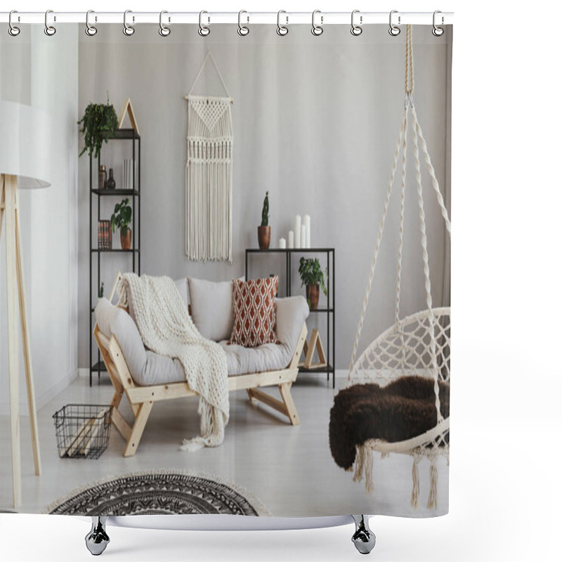 Personality  Handmade Macrame On The Empty Wall Of Bright Beige Living Room With Comfortable Couch With Pillows And White Blanket , Real Photo Shower Curtains