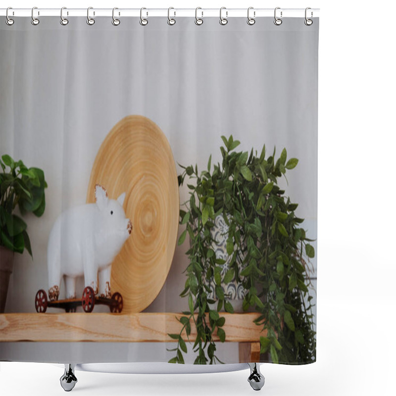 Personality  Decorative Arrangement Featuring A White Pig On Wheels, A Wooden Plate, And Greenery. Shower Curtains