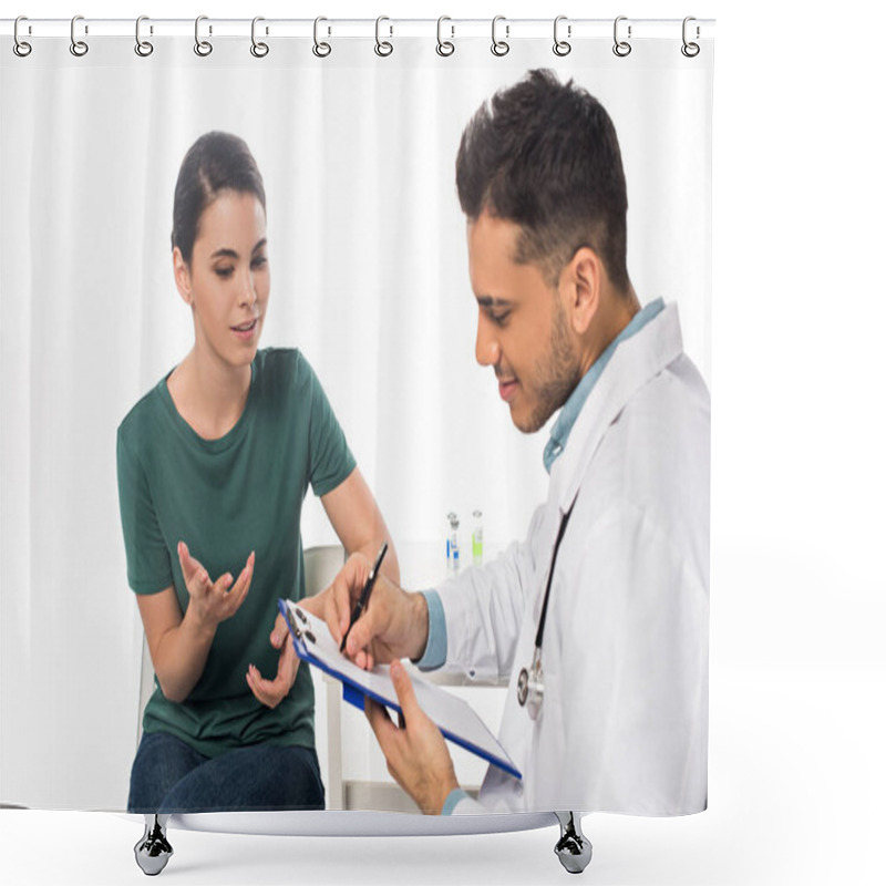 Personality  Doctor Writing On Clipboard Near Patient On Chair Isolated On White Shower Curtains