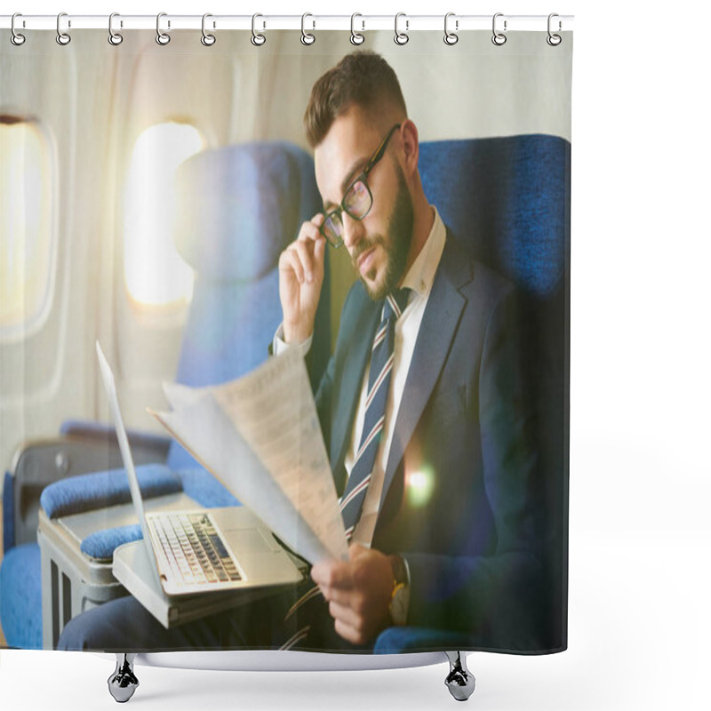 Personality  Side View Portrait  Of Handsome Bearded Businessman Reading Document And Working While Enjoying Flight In First Class, Copy Space Shower Curtains