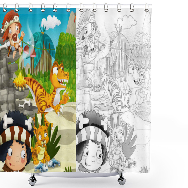 Personality  Cartoon Scene In The Jungle Near Stream Or River With Flying Dinosaur Pterodactyl And Apatosaurus - Illustration For Children Shower Curtains